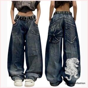 Y2K Wide Leg Denim Jeans with Skeleton Print, High Waist Baggy Streetwear